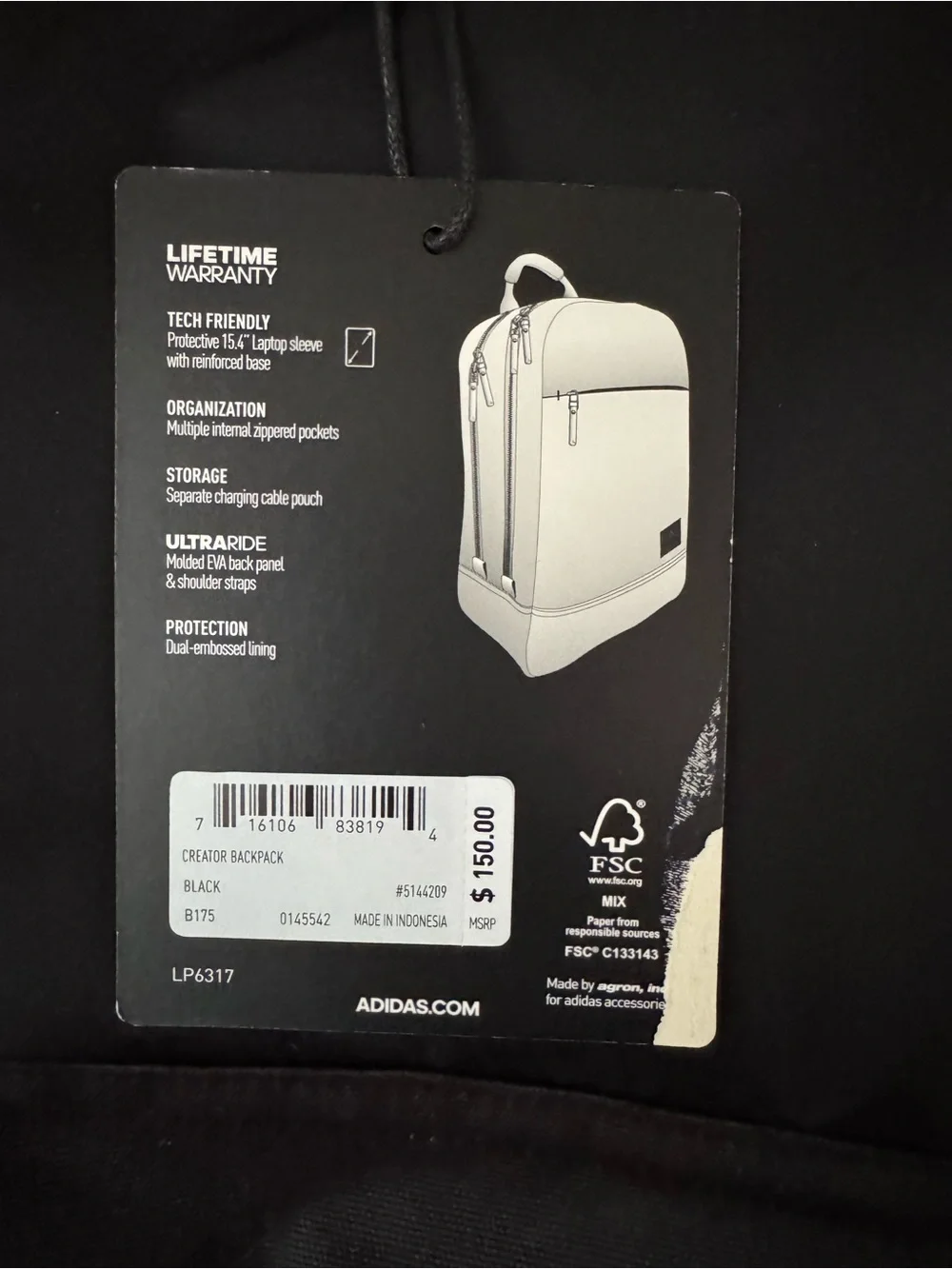 Adidas Creator Backpack, Exclusive Black with gold lining and pouch. Brand New